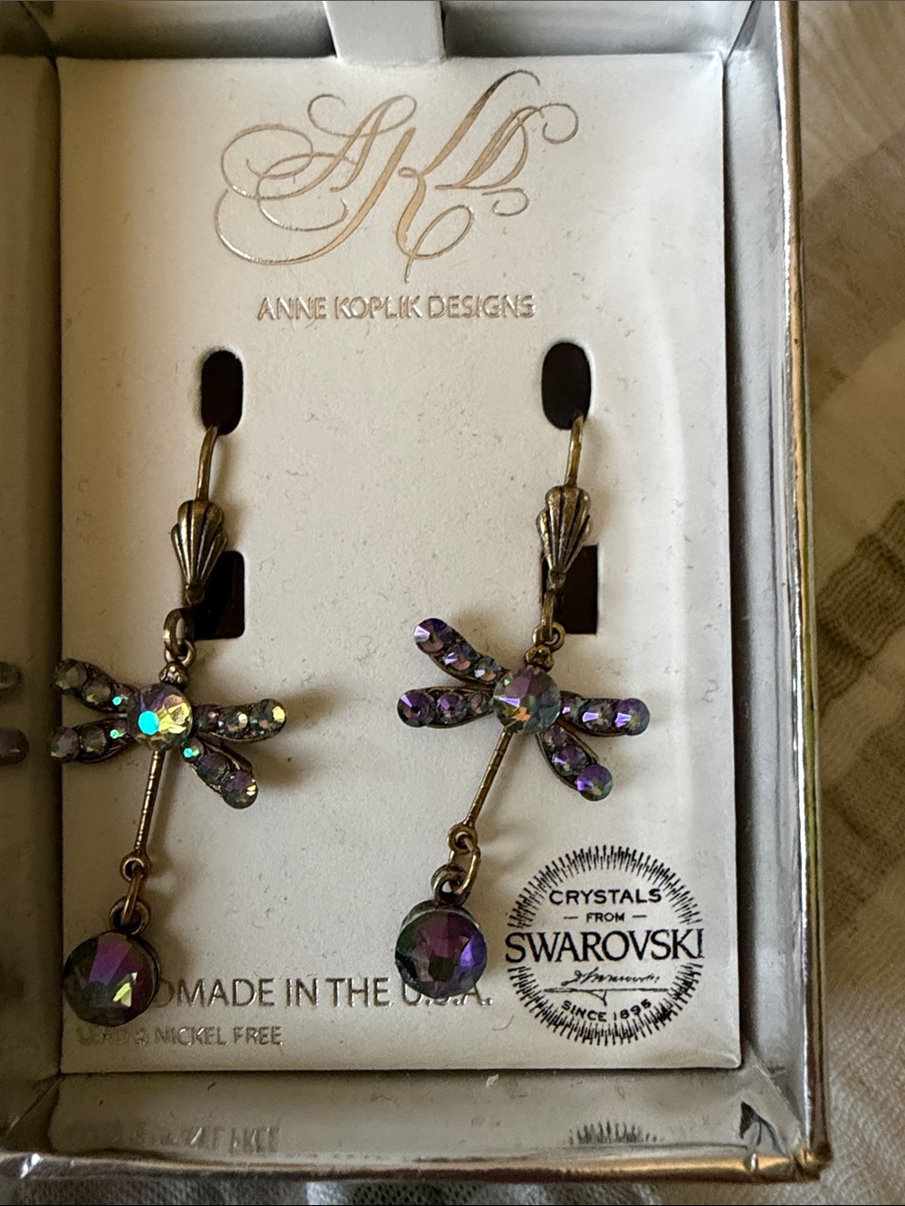 Anne Koplik Designs Purple Aurora Crystal Dragonfly Drop Earrings - Picture 2 of 3